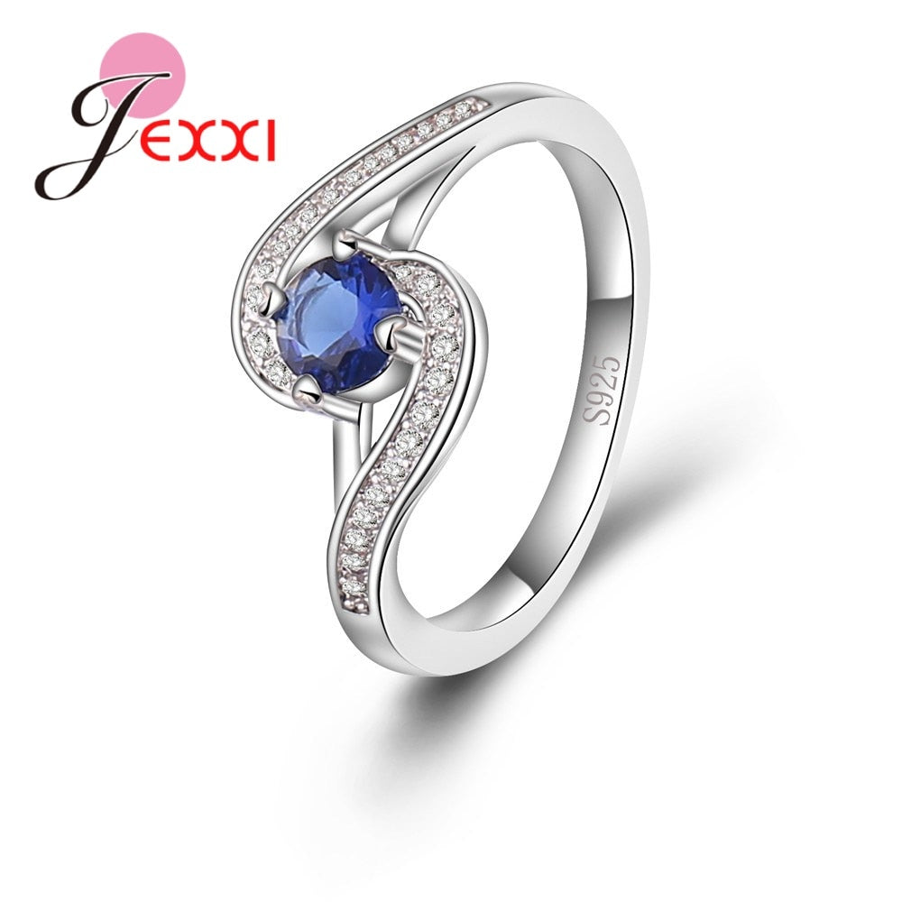 925 Sterling Silver Wave-typed Female Models Sapphire Zircon Micro-encrusted Crystals  Ring  Jewelry